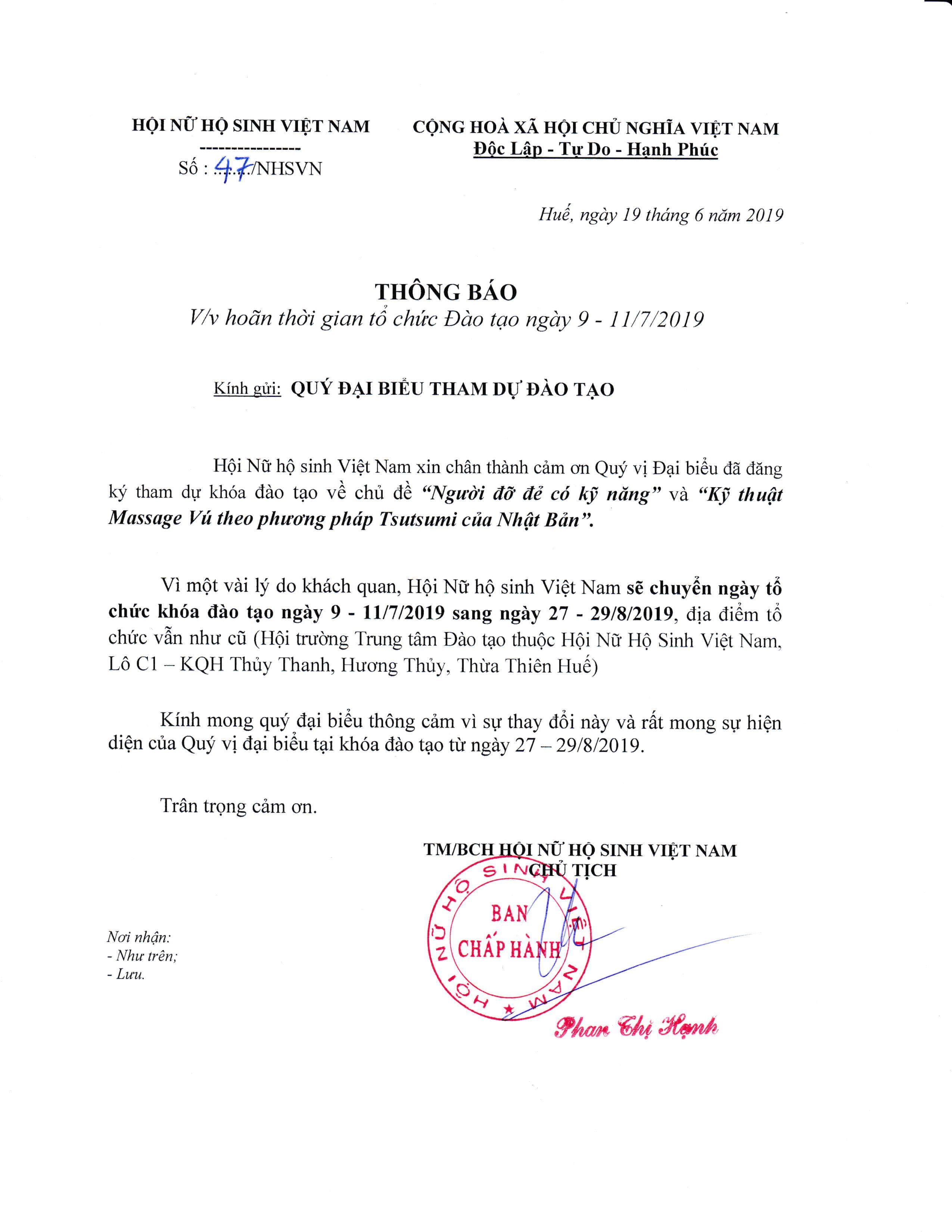 Hoãn thời gian đào tạo ngày 9 đến 11 tháng 7 năm 2019